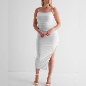 Express Body Contour Mesh Ruched Side Slit Midi Dress With Bra Cups Size L